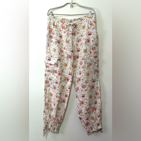 Moda International Pants - Moda Linen Floral Cargo Pants Size 8 White Pink Natural Y2K Cottagecore Straight